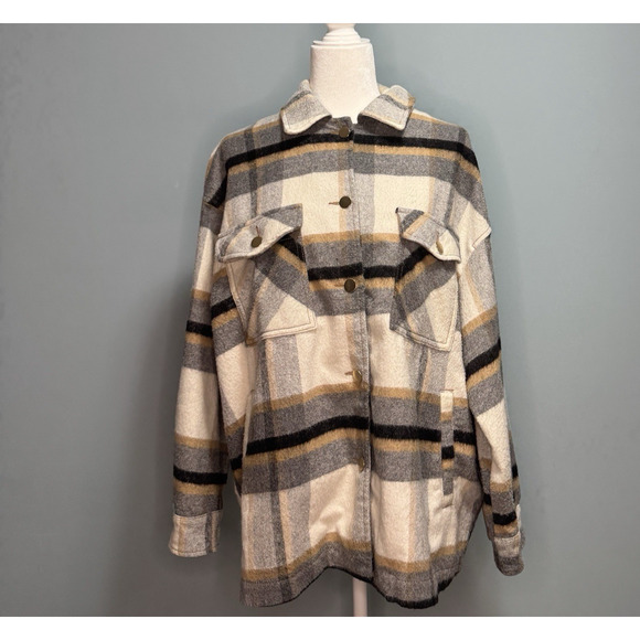 ZARA Womens M Shacket Shirt Jacket Plaid Oversized Button Down Fleece Fall Cozy - Picture 1 of 10